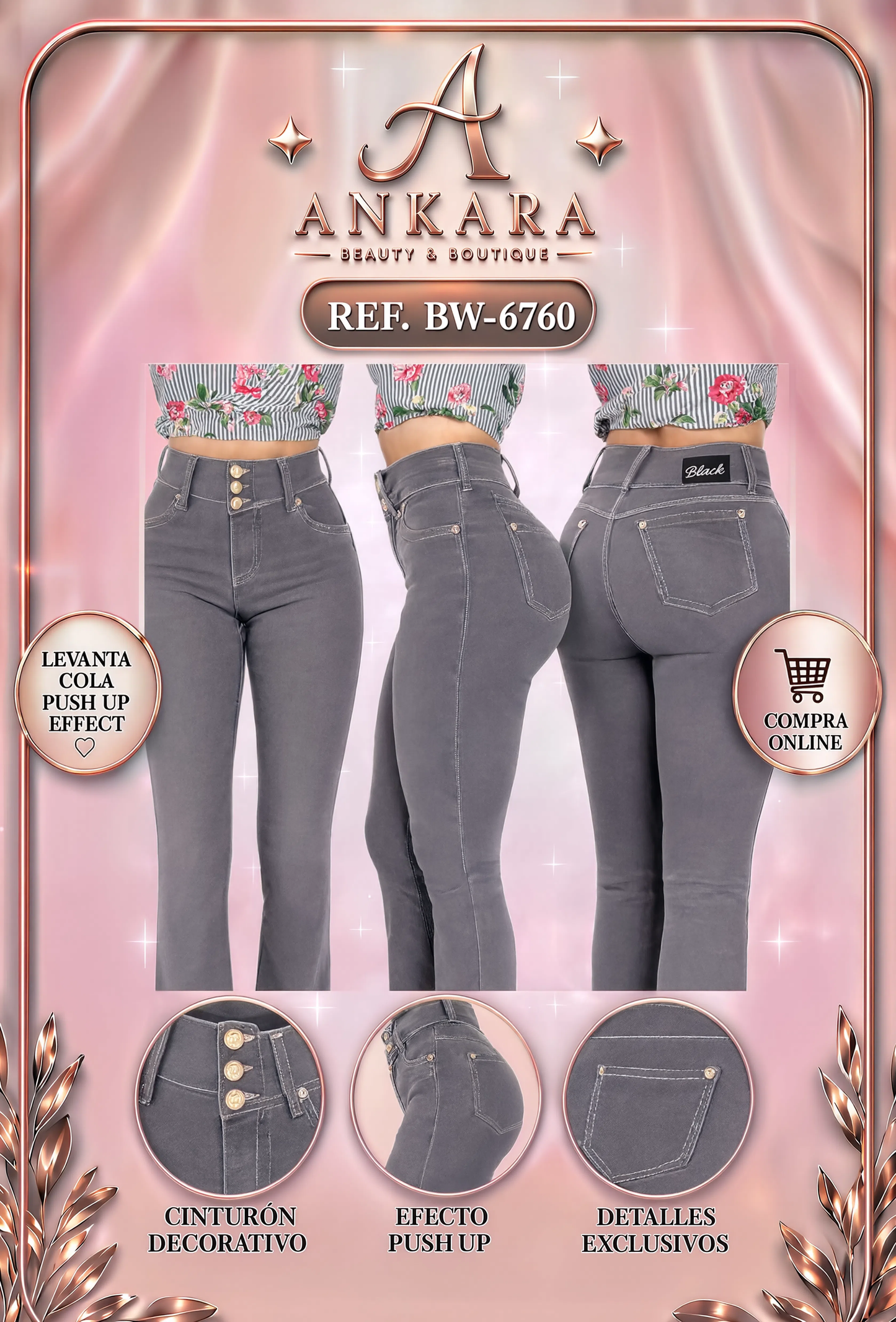 Jeans Push Up Bota Recta Gris REF 6760